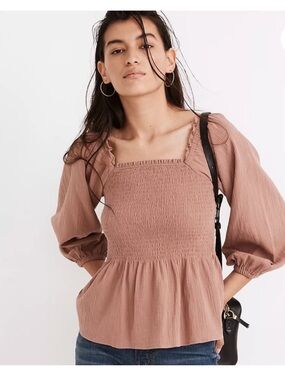 Madewell Smocked Square-Neck Peasant Top in Dusty Rose Size-6, 100% Cotton